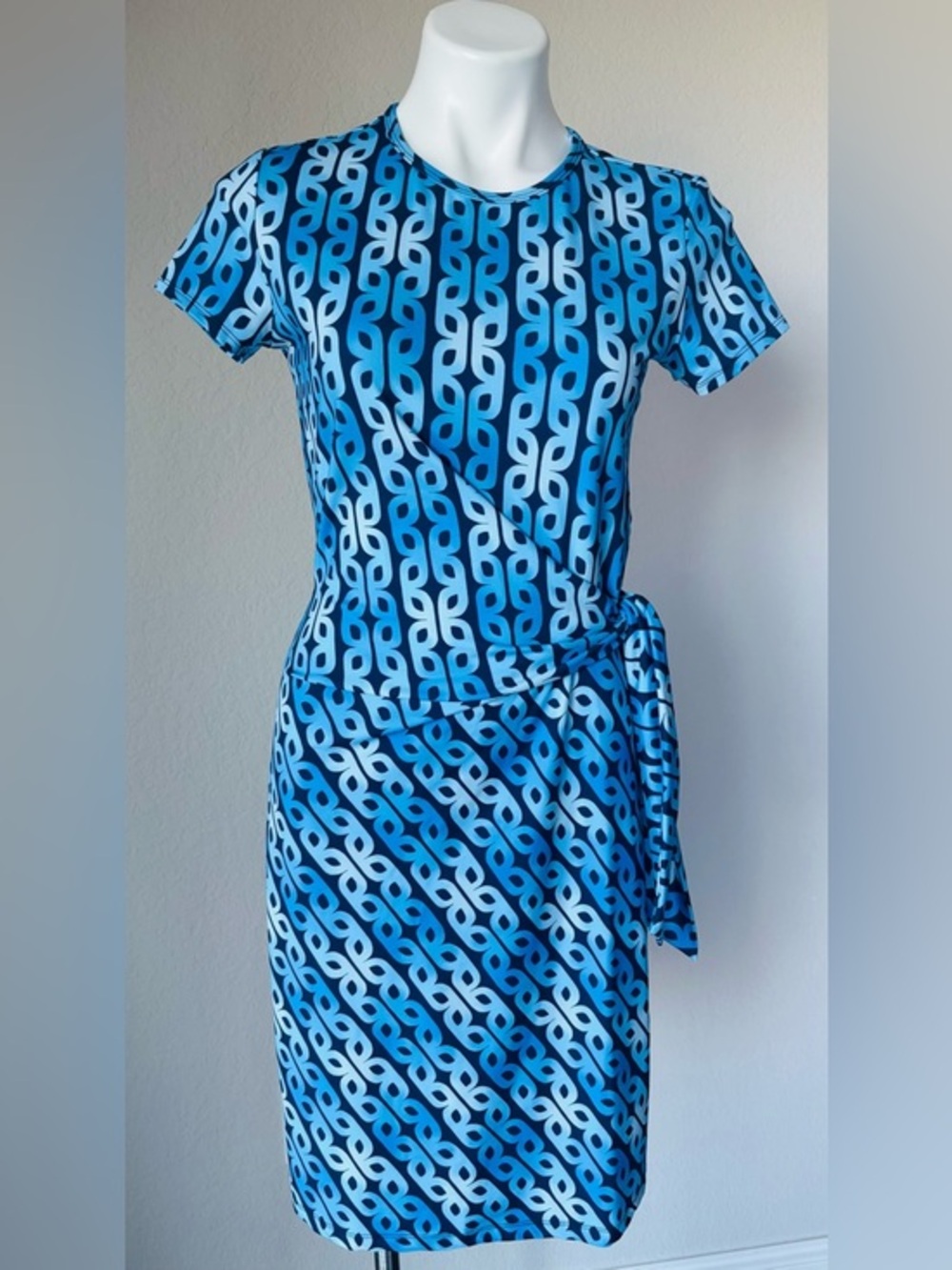 J. MCLAUGHLIN Elora Catalina Cloth Navy Light Blue Tie Side Geometric Dress Sz S